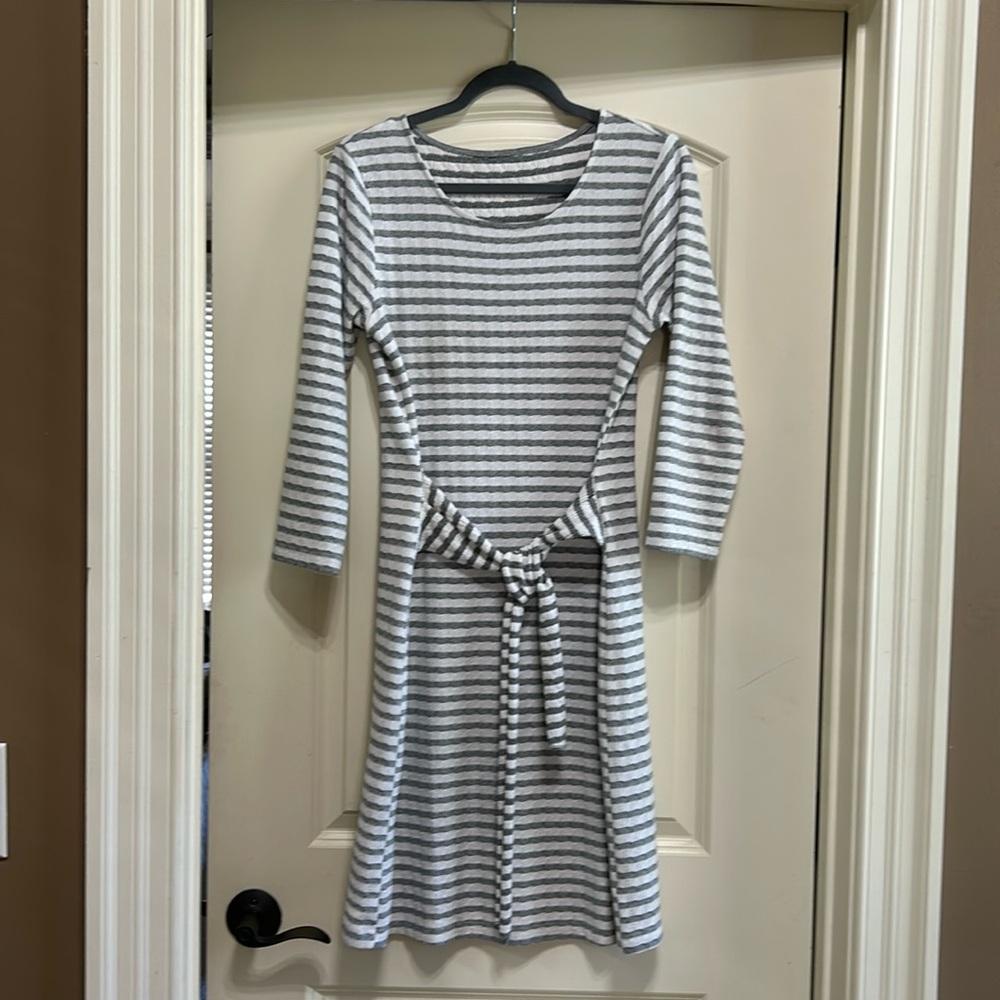 Grey and white. Stripe knit dress in a medium